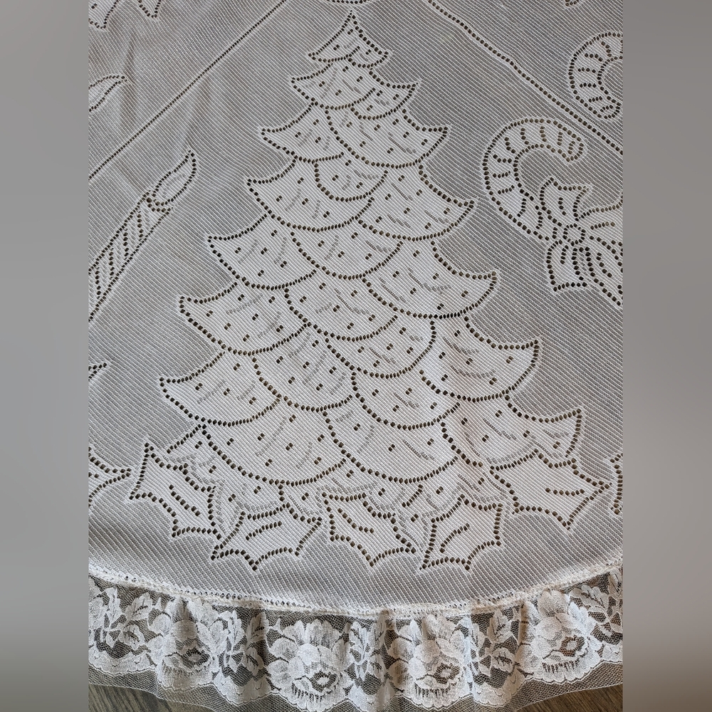 Vintage Christmas Table Cloth Skirt 54" Lace Sheer White Candy Canes Holidays - Picture 2 of 8